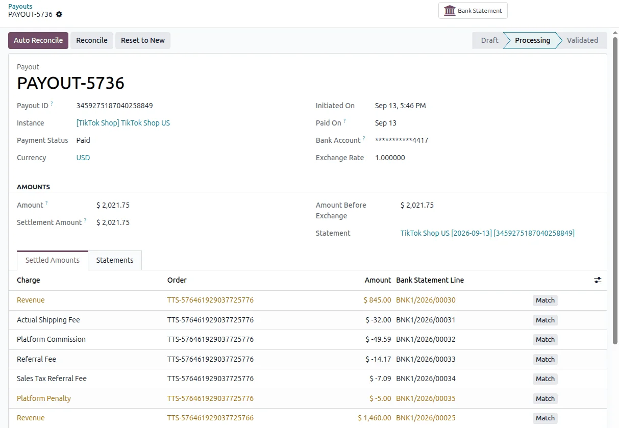 TikTok Shop payout in Odoo with its settled amounts and the post and reconcile buttons