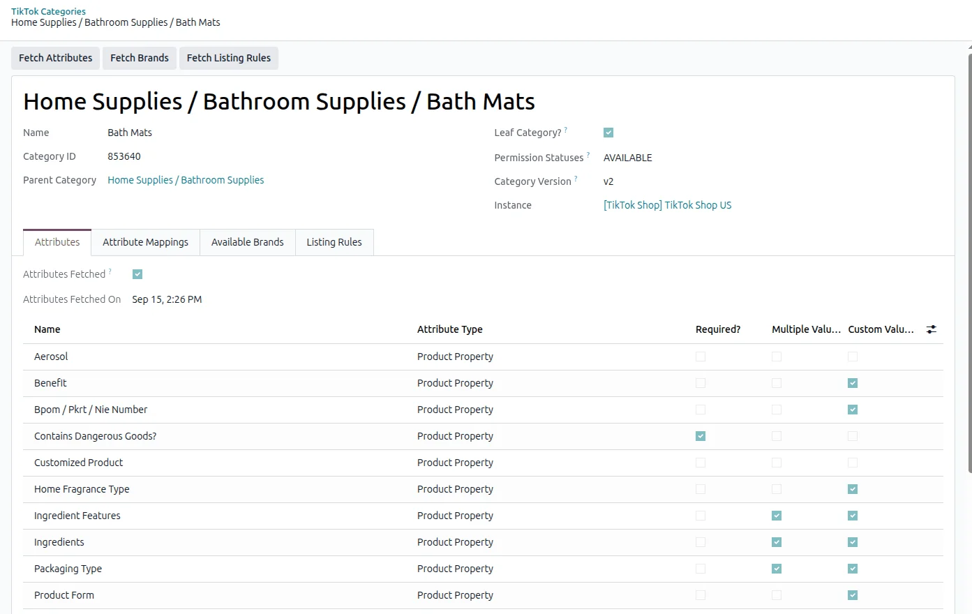 TikTok Shop leaf category in Odoo with its attributes and the buttons that fetch brands and listing rules