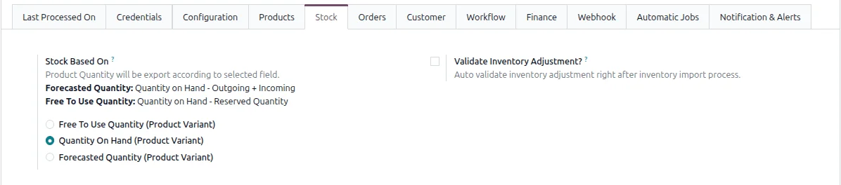 TikTok Shop stock settings in Odoo showing which quantity the stock export is based on