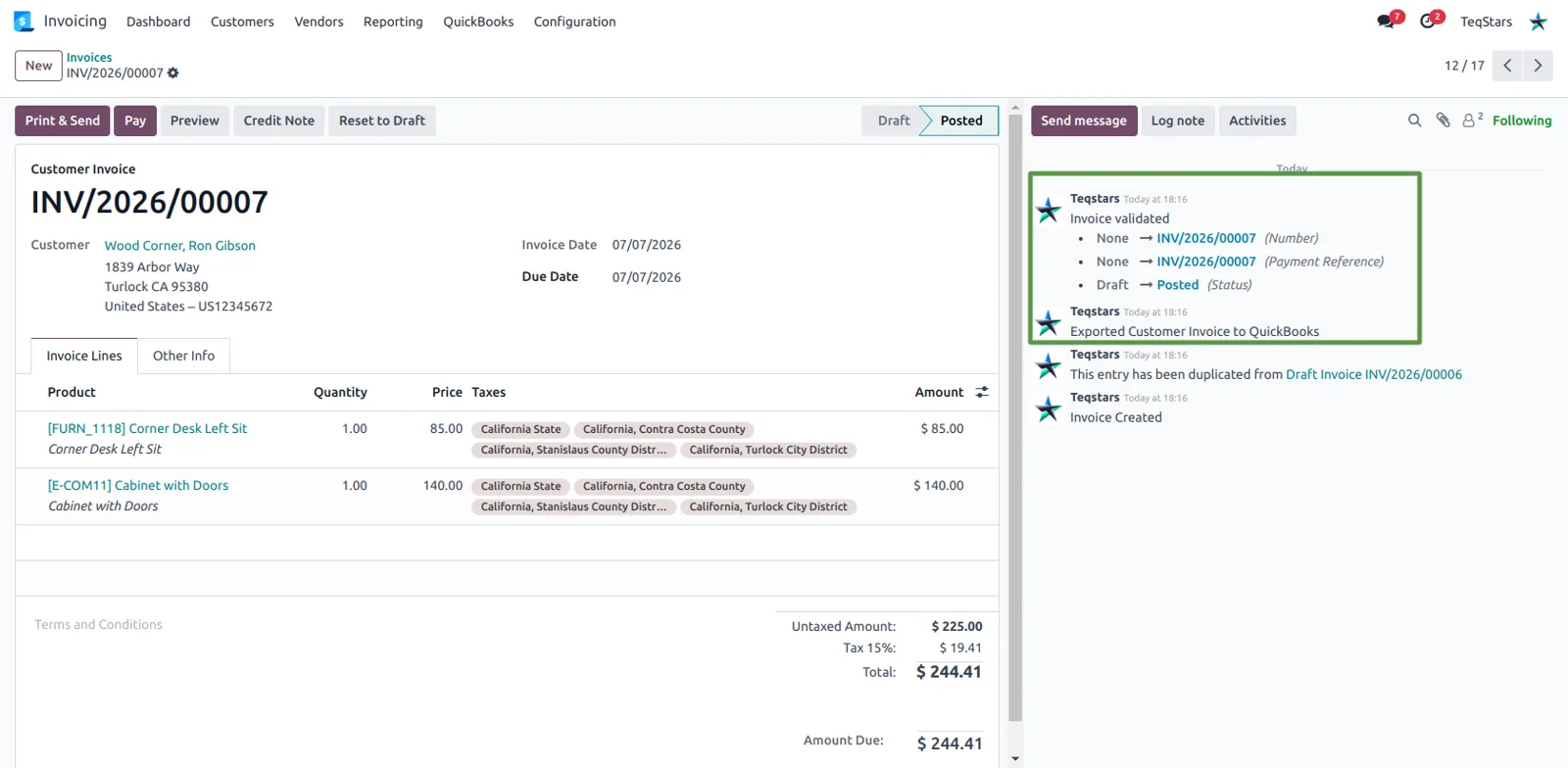 Posted Odoo customer invoice with a chatter message confirming the export to QuickBooks Online