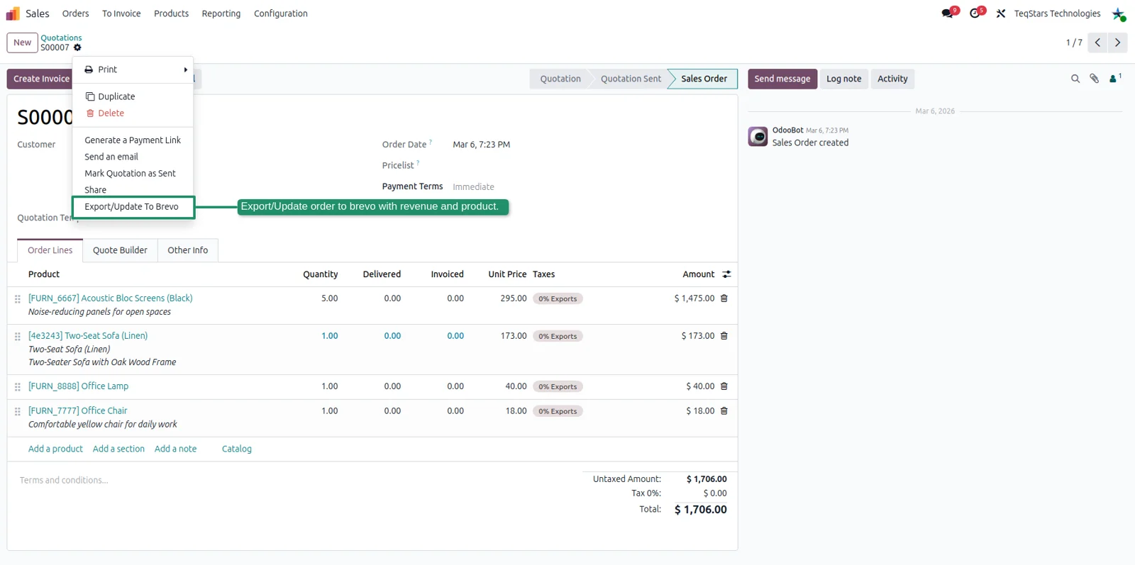 Odoo sales order exported to Brevo with revenue and product lines on the Brevo contact