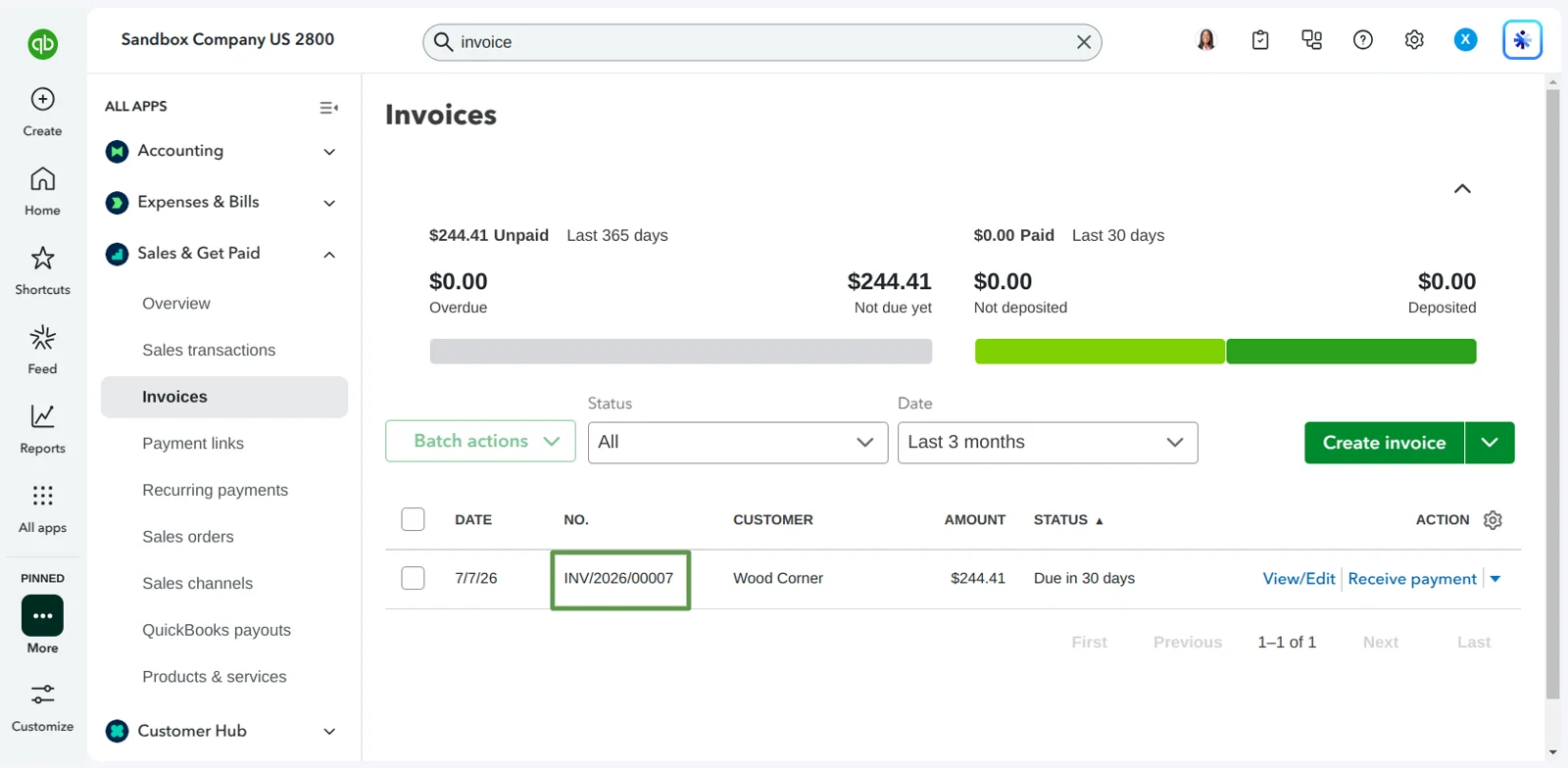 The same invoice open in QuickBooks Online, carrying the document number it has in Odoo