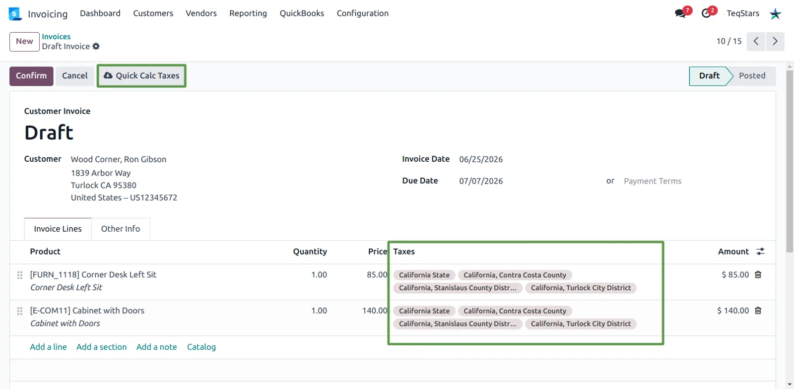 Odoo draft invoice after Quick Calc Taxes applied California state, county and district sales tax