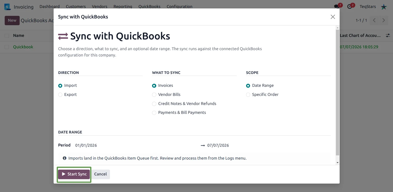 Sync with QuickBooks window in Odoo set to import invoices for a date range