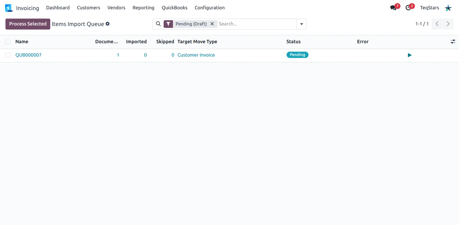 Odoo Items Import Queue listing a pending QuickBooks invoice before it becomes a record