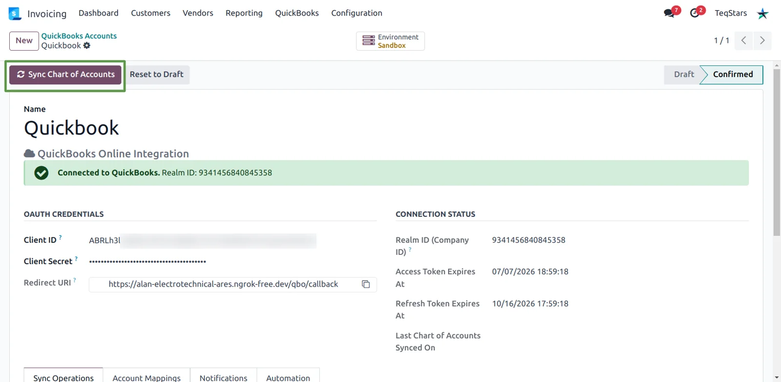 Confirmed QuickBooks connection in Odoo showing the Sync Chart of Accounts button