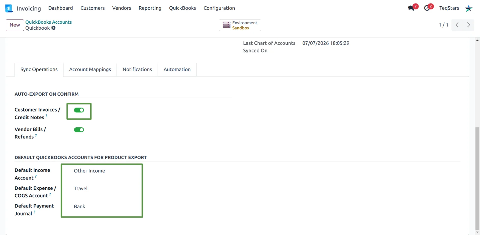 Sync Operations tab in Odoo with auto-export toggles and default QuickBooks income and expense accounts