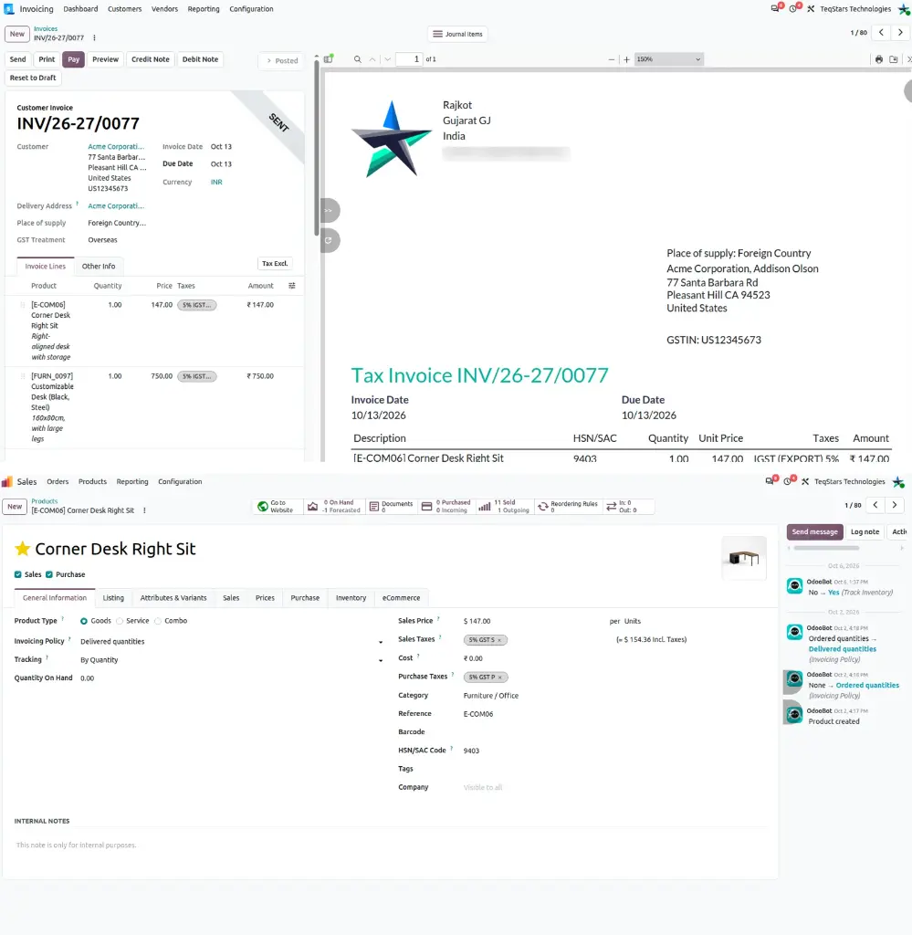 Odoo invoice form with a wide preview panel above a product form with a narrow chatter, each screen keeping its own size