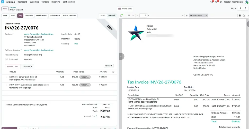 Odoo customer invoice form next to a resizable invoice preview panel showing the PDF