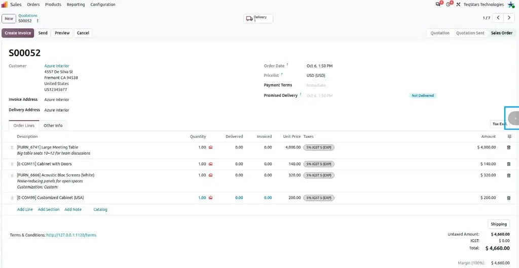 Odoo sales order form at full width with the chatter hidden and a button on the right edge to bring it back