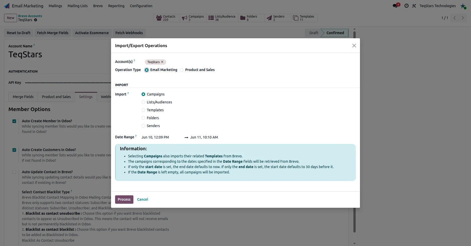 Brevo import and export operations wizard in Odoo with account, operation type and date range