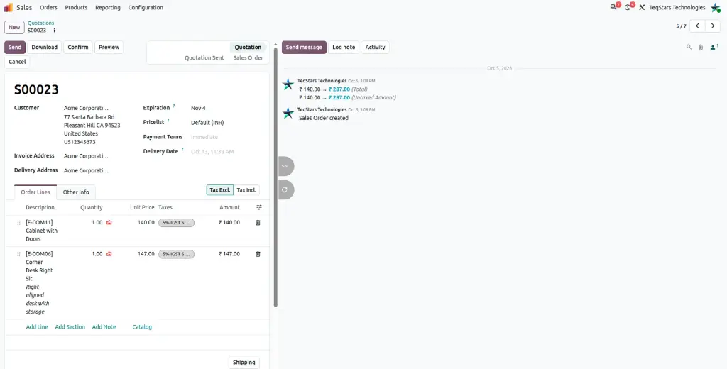 Odoo quotation form with the chatter panel dragged wider than the default width beside the order lines