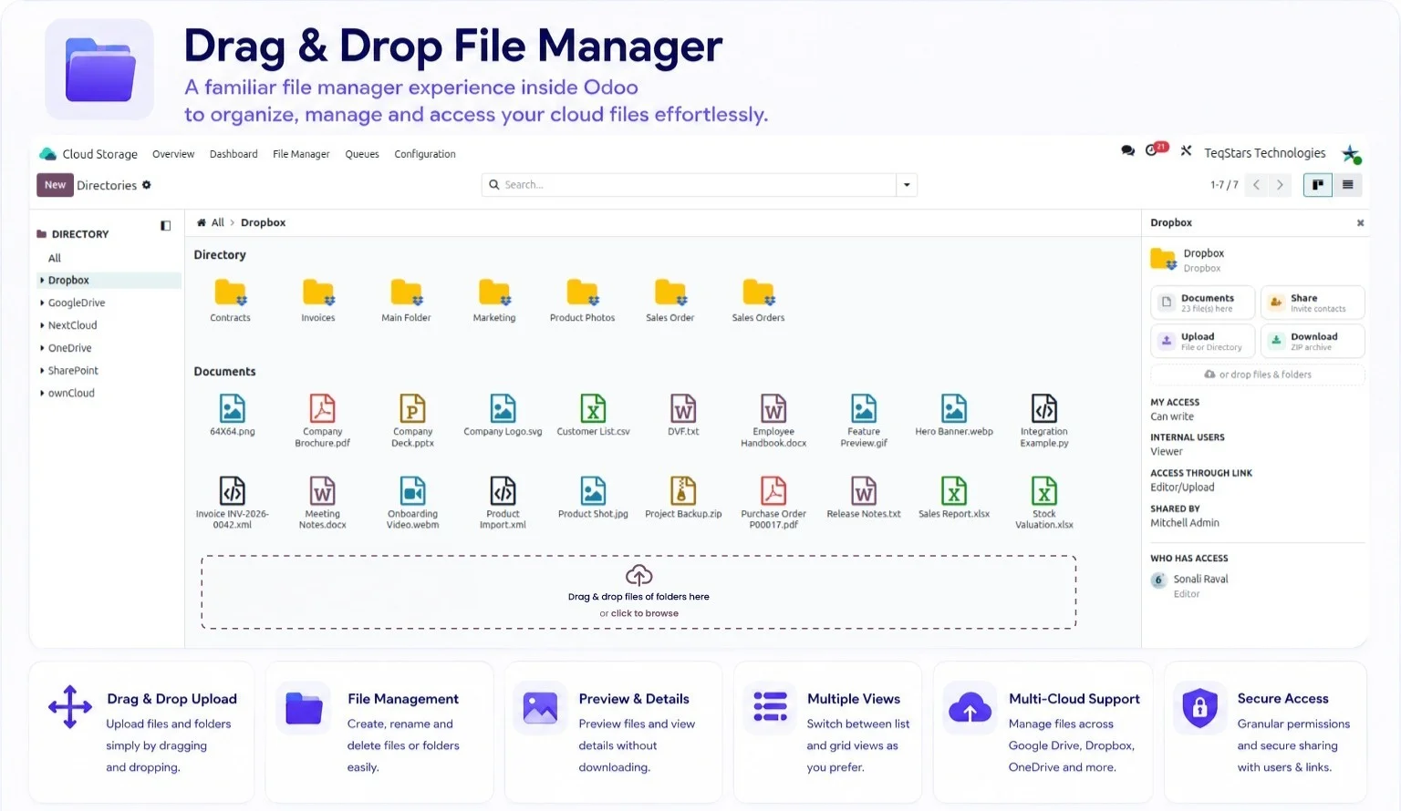 File Manager in Odoo showing cloud folders, breadcrumbs, drag-and-drop upload and a details panel