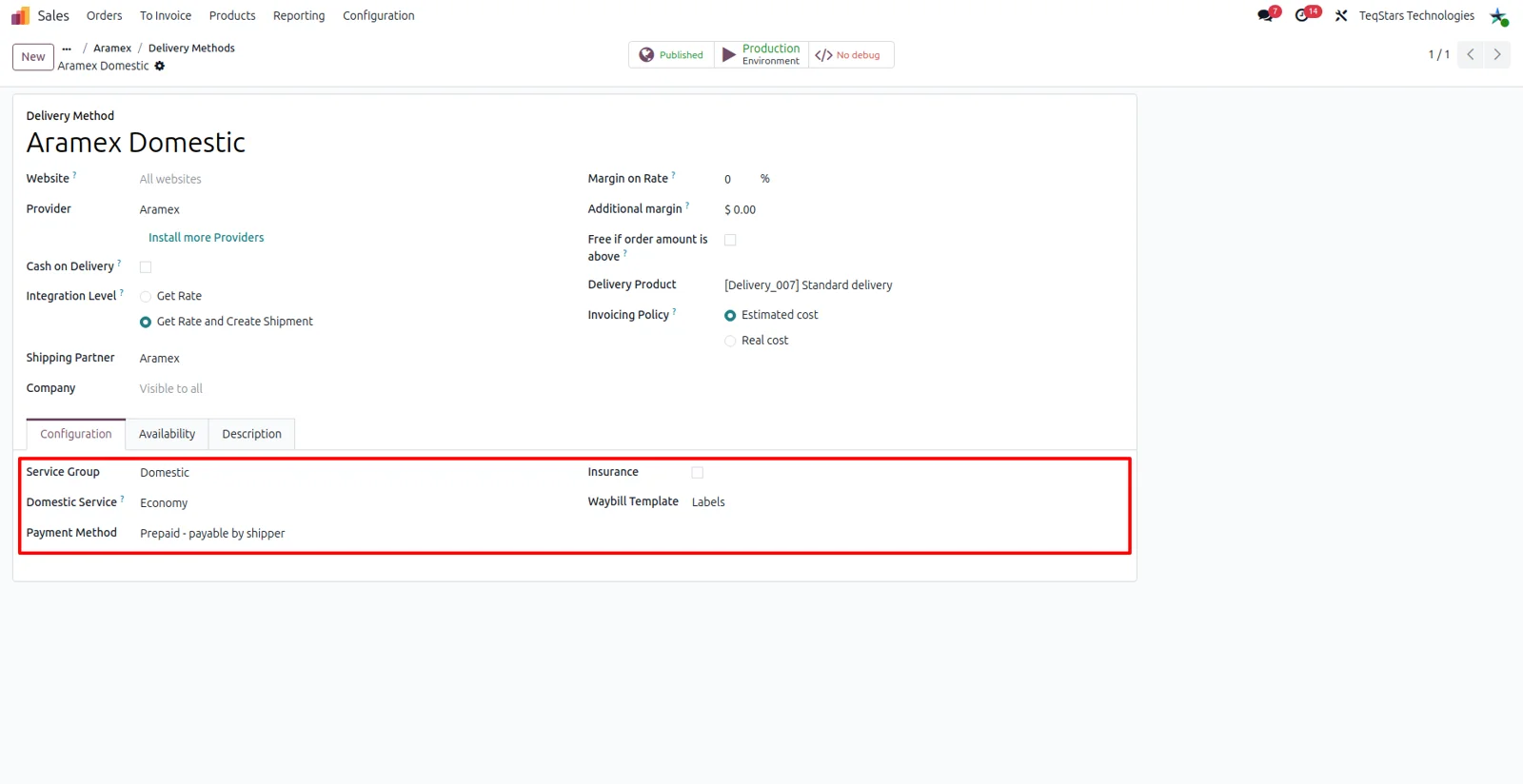 Odoo delivery method form set to the Aramex provider for domestic and international shipping