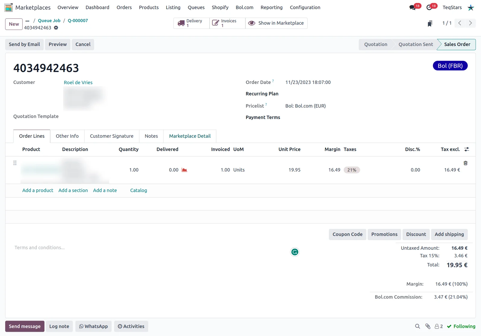 An imported Bol.com order open in Odoo Sales, showing order lines, commission and the delivery line.