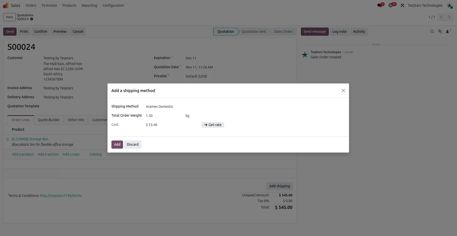 Odoo sale order showing the Aramex delivery method and the shipping cost added as a line