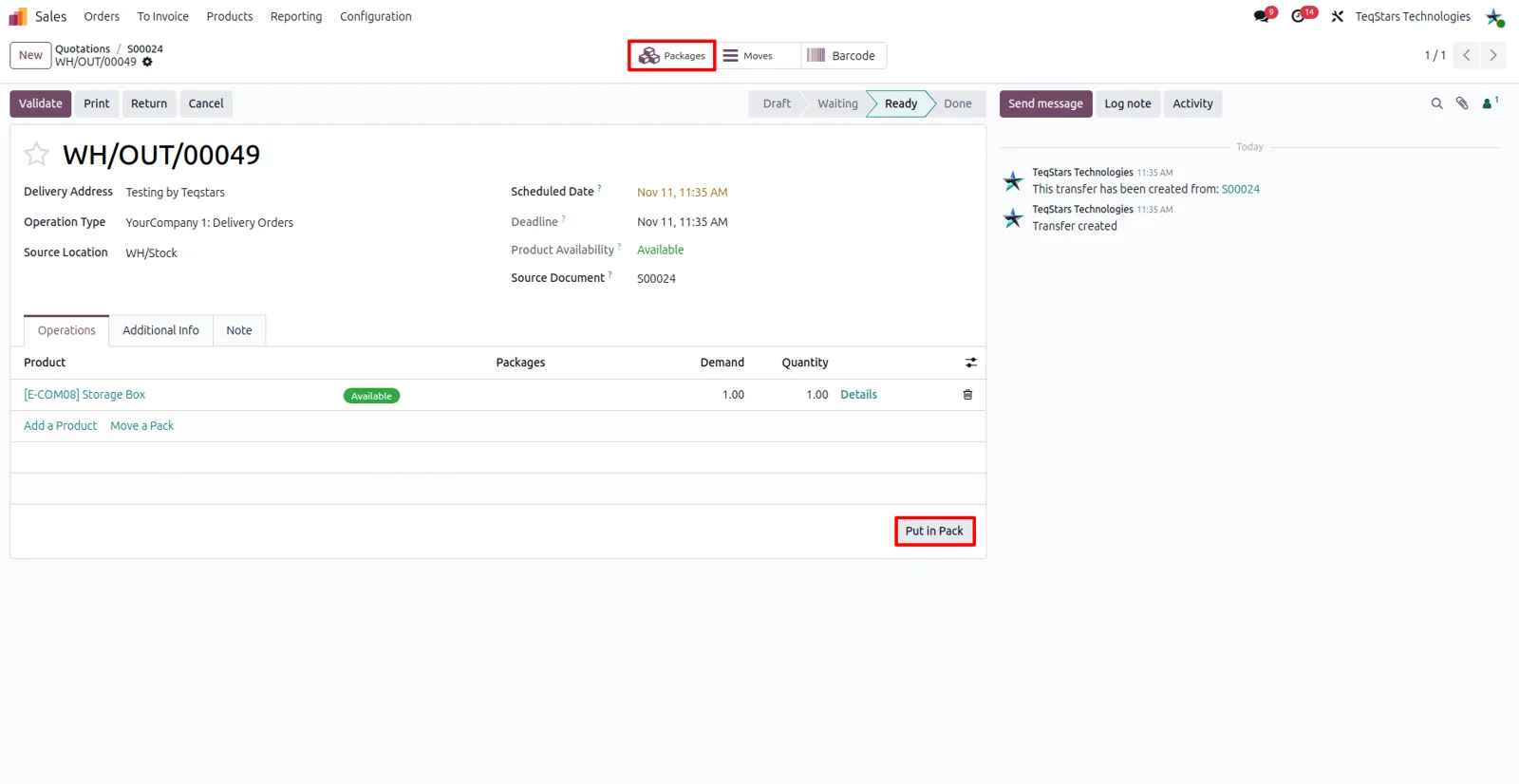 Odoo delivery order with products grouped into multiple packages for an Aramex shipment