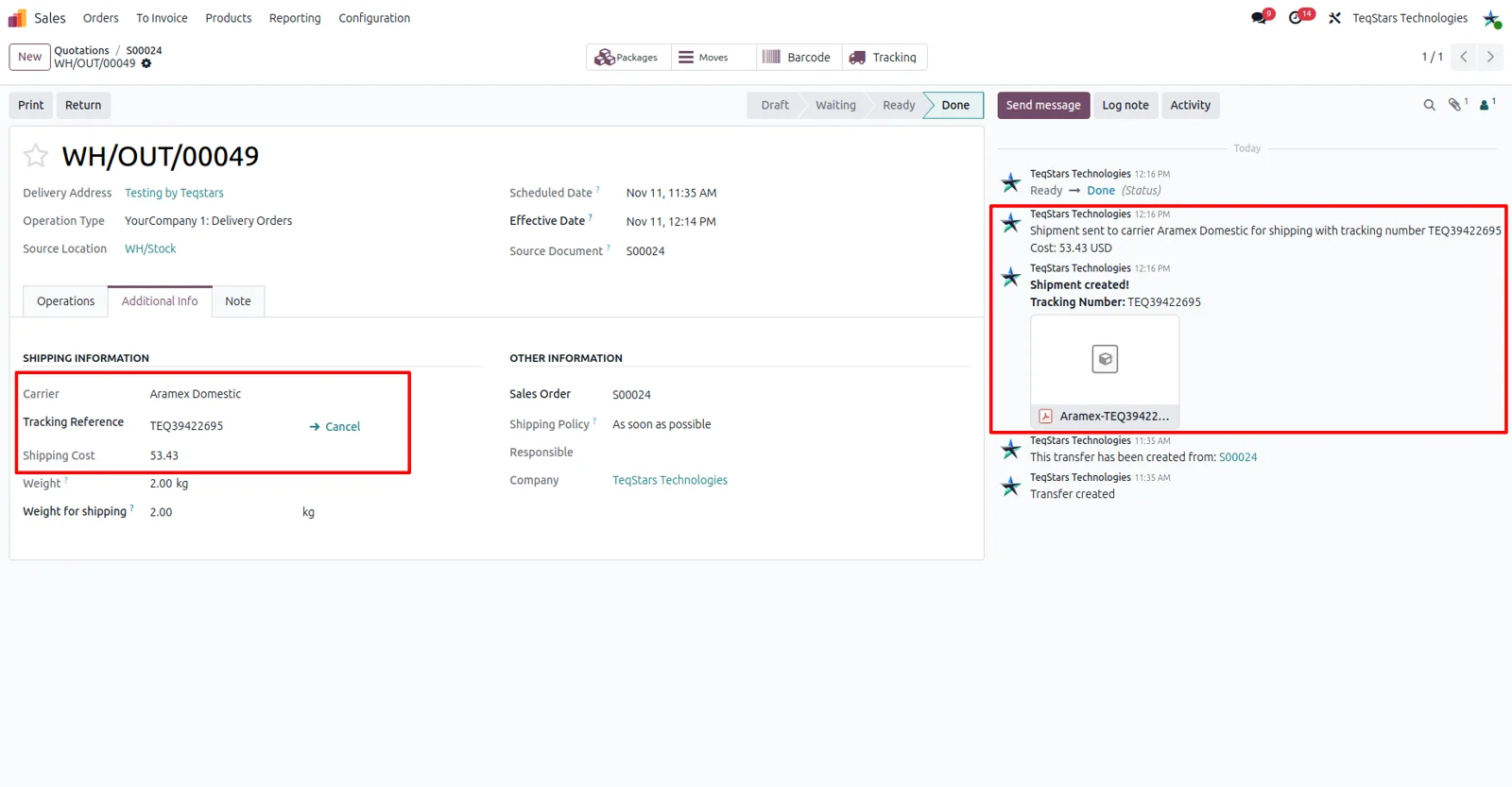 Odoo delivery order showing the Aramex tracking number and the generated shipping label