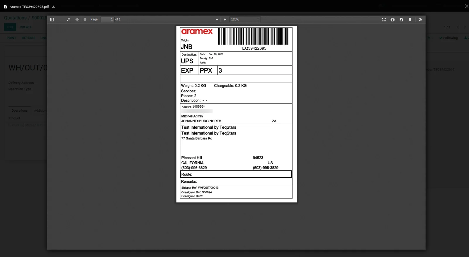 Aramex shipping label generated from Odoo with barcode and delivery address ready to print