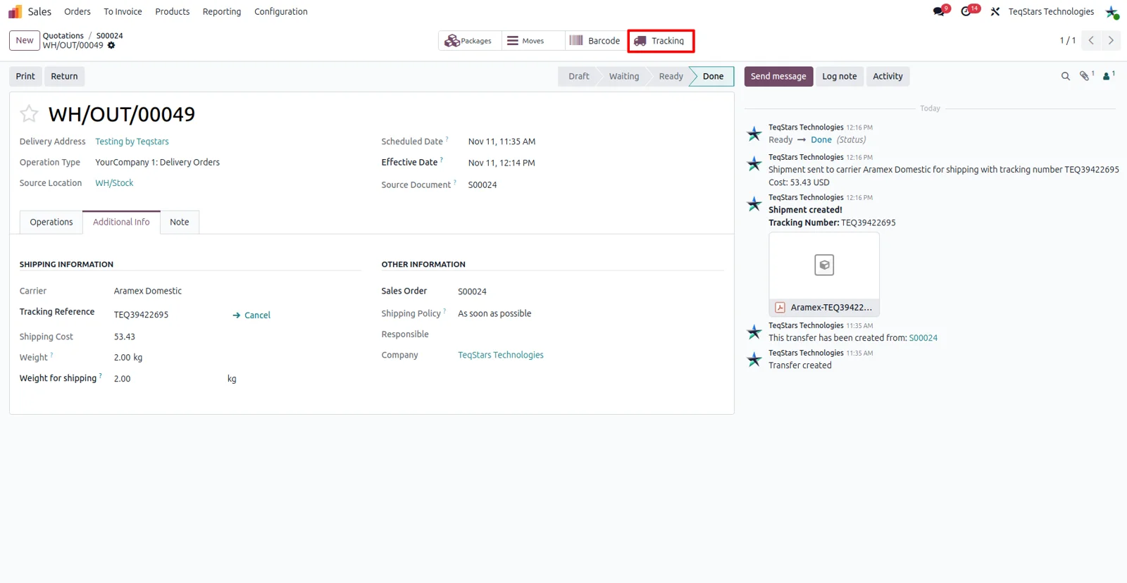 Real-time Aramex shipment tracking status shown against a delivery order in Odoo