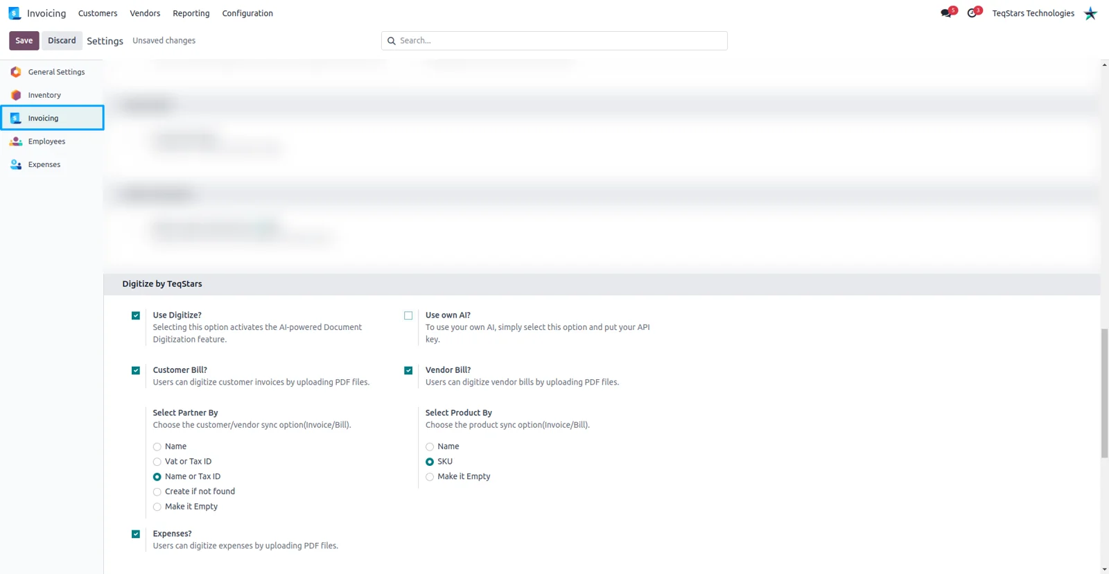 Odoo settings with digitization enabled per document type and the default Odoo AI selected