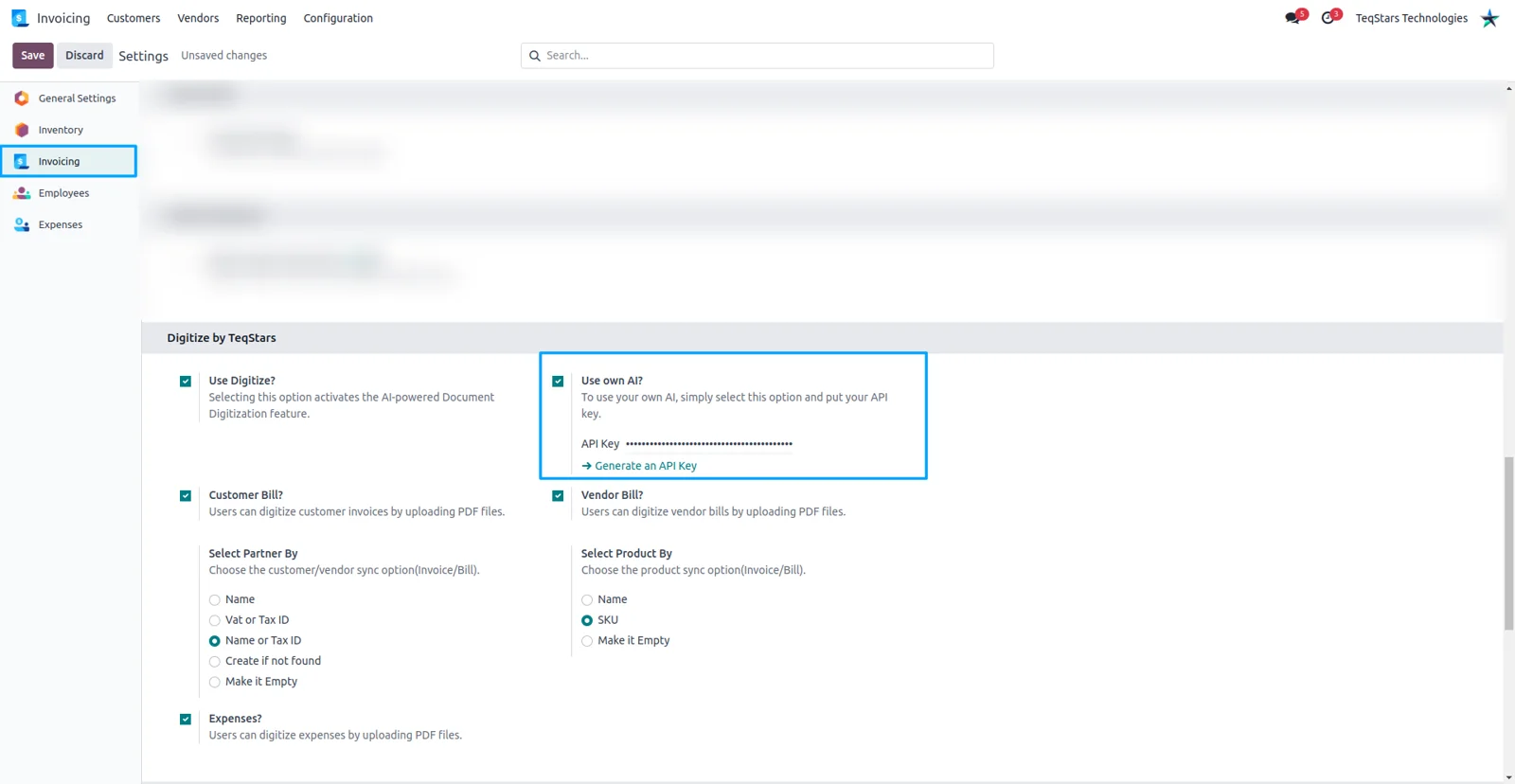 Odoo digitization settings using your own OpenAI key instead of the default Odoo AI