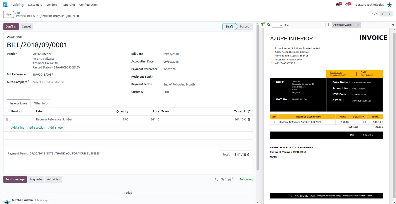 A bill file dropped onto an Odoo form, with AI Digitize filling in the extracted details