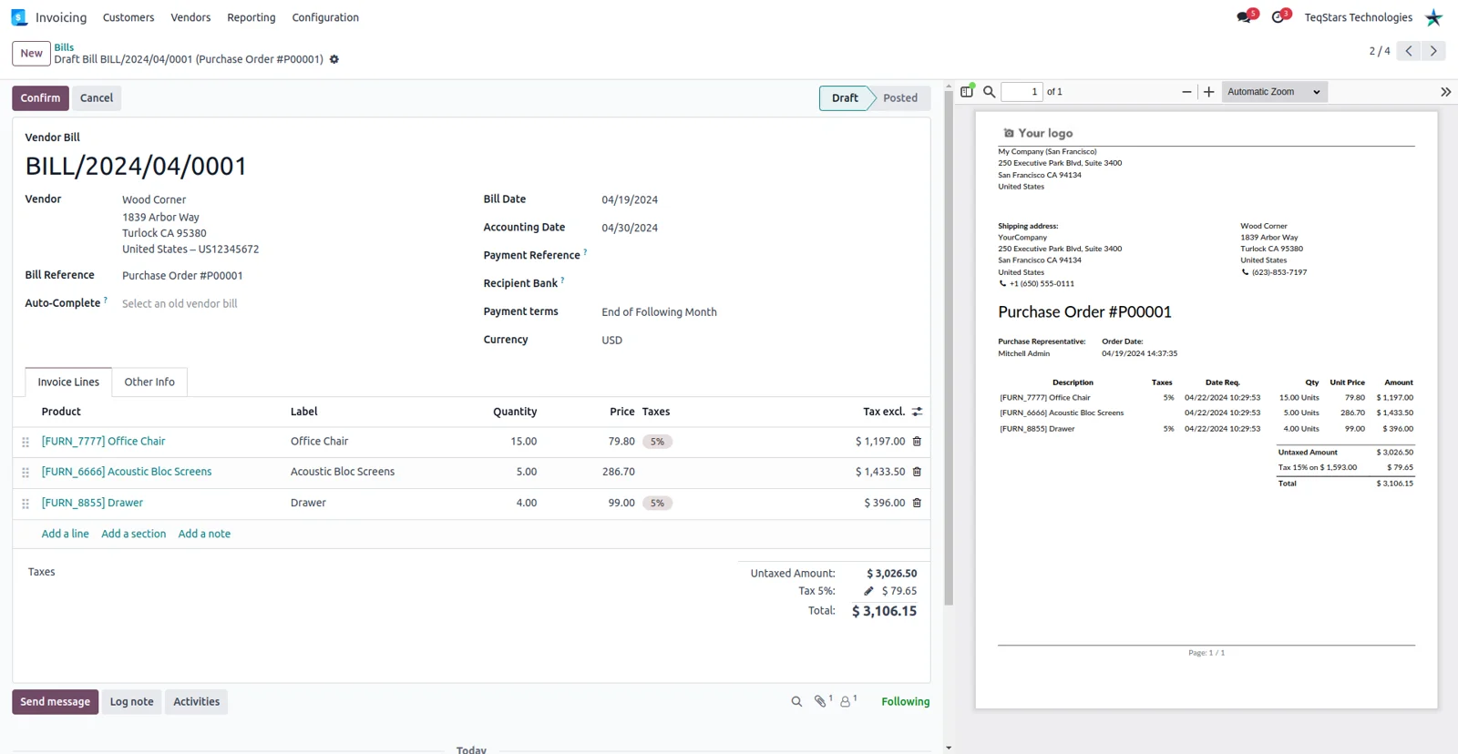 Odoo bill lines with catalog products matched and the vendor detected by AI Digitize
