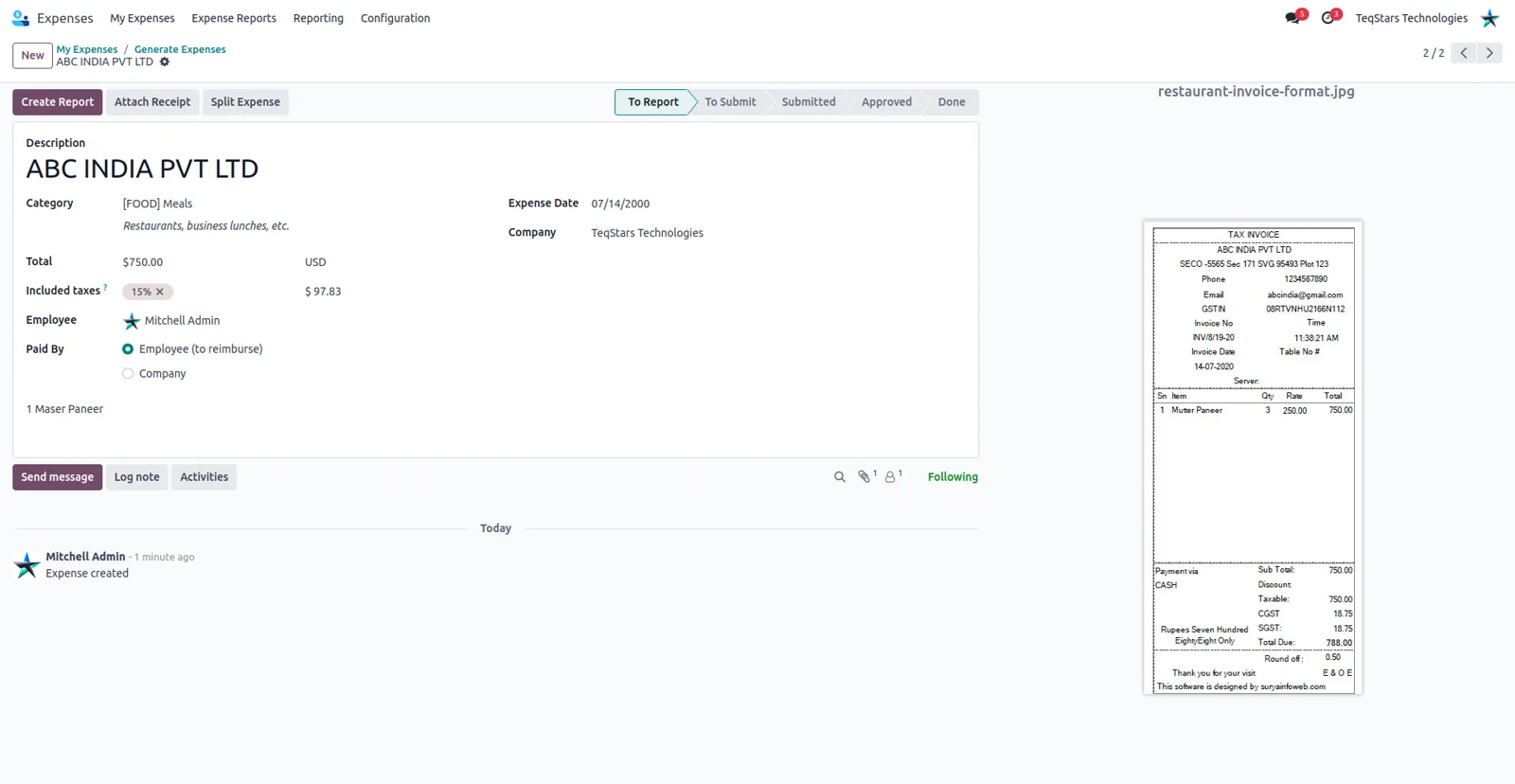An Odoo expense created from a scanned receipt, with the category detected by AI Digitize