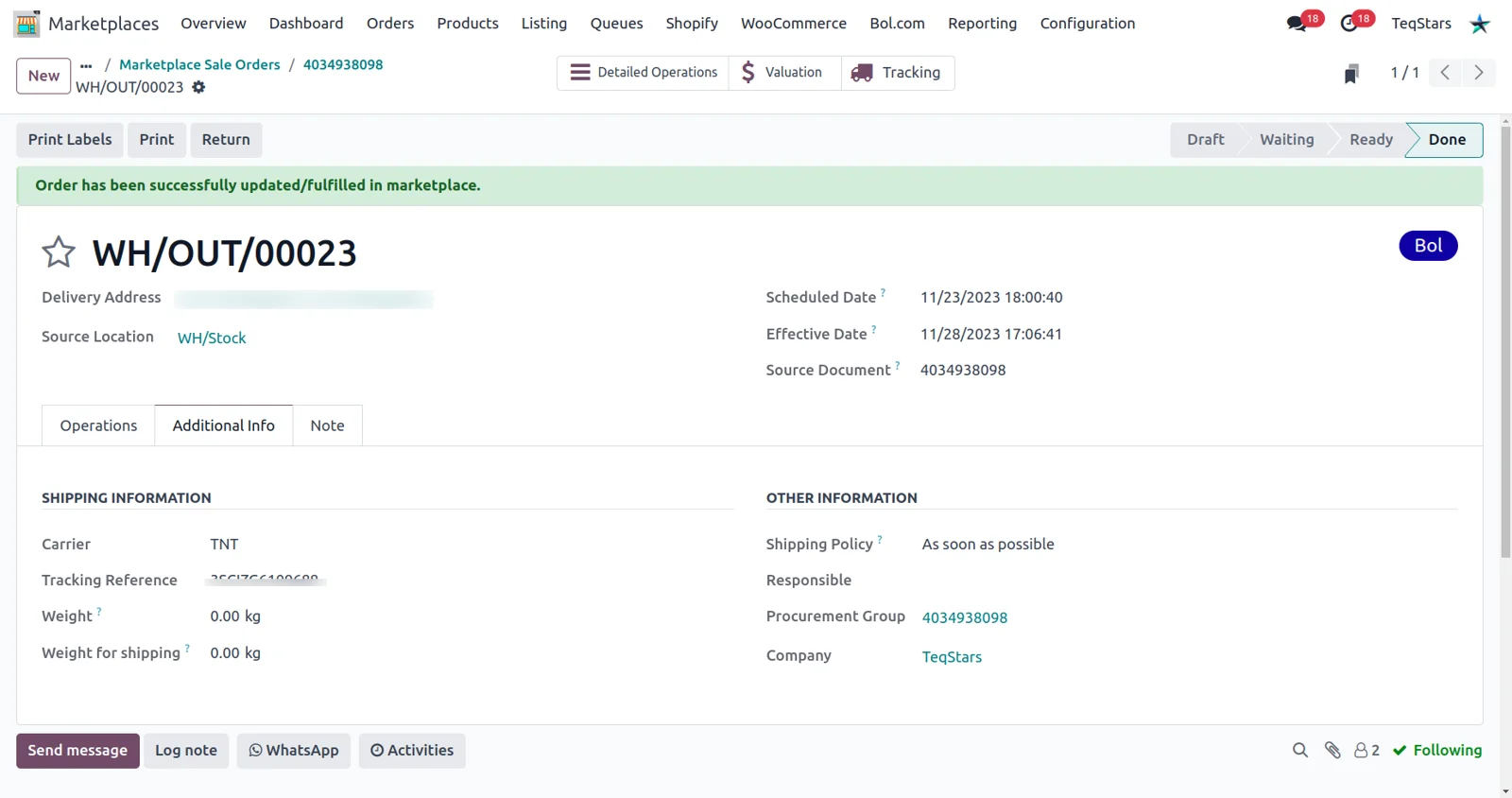 Odoo pushing fulfillment status and tracking for a shipped Bol.com order through the Bol.com Connector.
