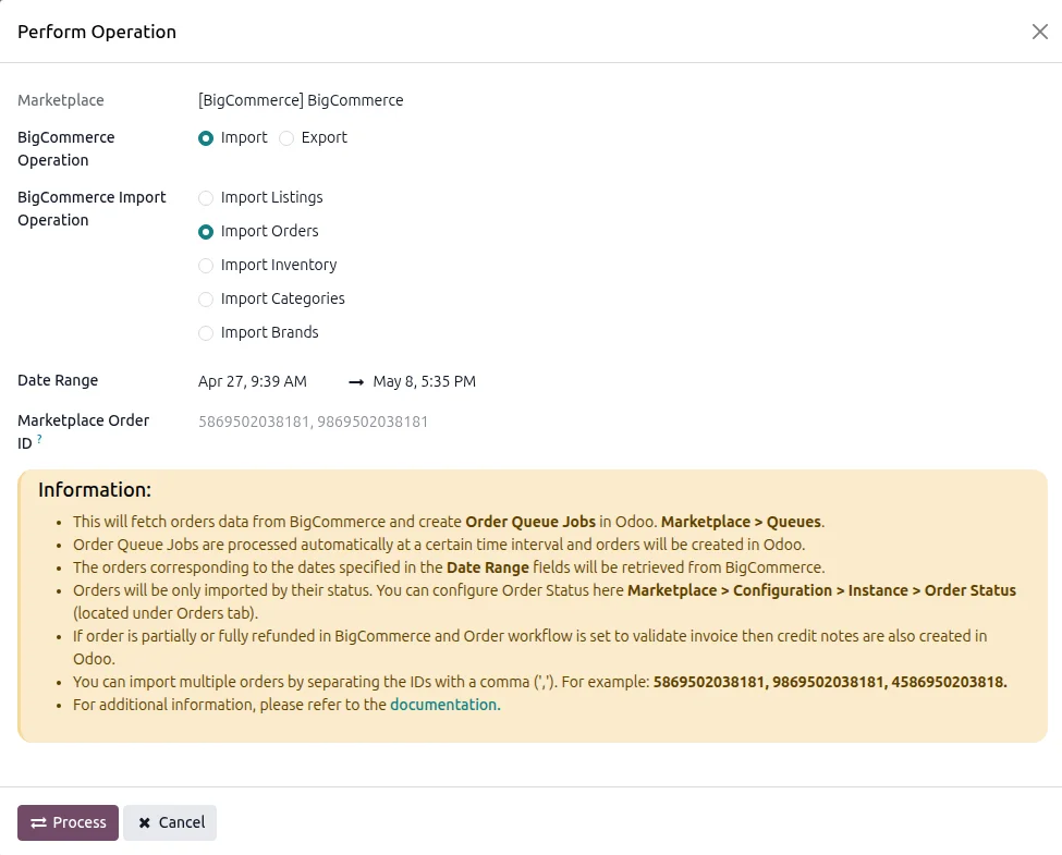 Odoo import operation wizard for BigCommerce with date range and order ID filters