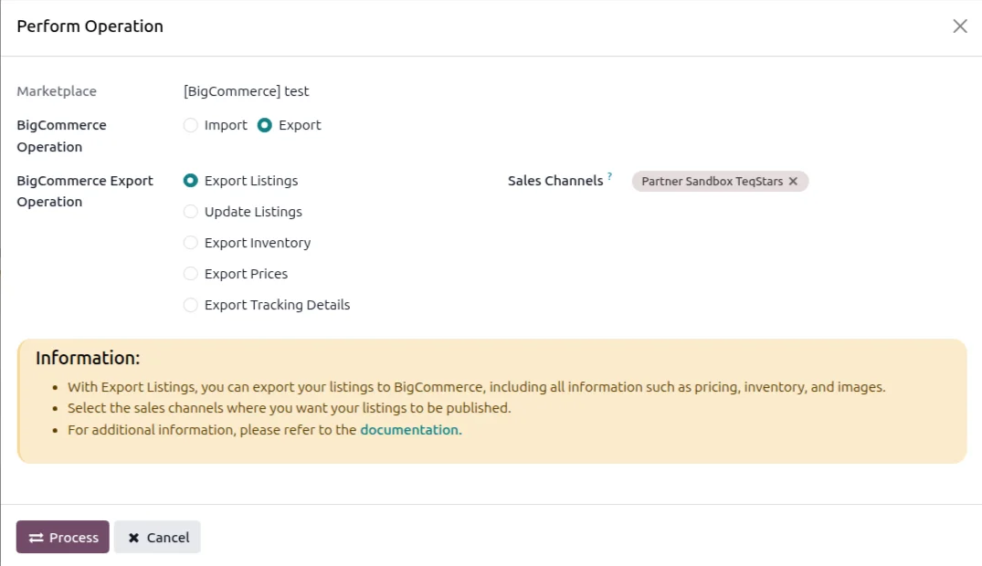 Odoo export wizard for BigCommerce with Export Listings ticked and sales channels selected