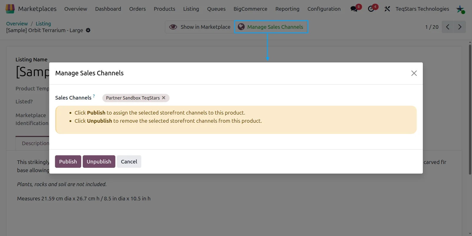 Publish and unpublish buttons for BigCommerce sales channels on an Odoo listing
