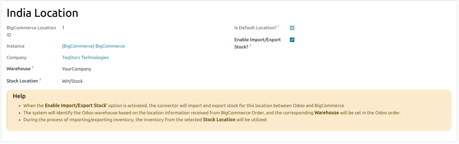 BigCommerce locations mapped to Odoo warehouses and stock locations with per-row stock toggles