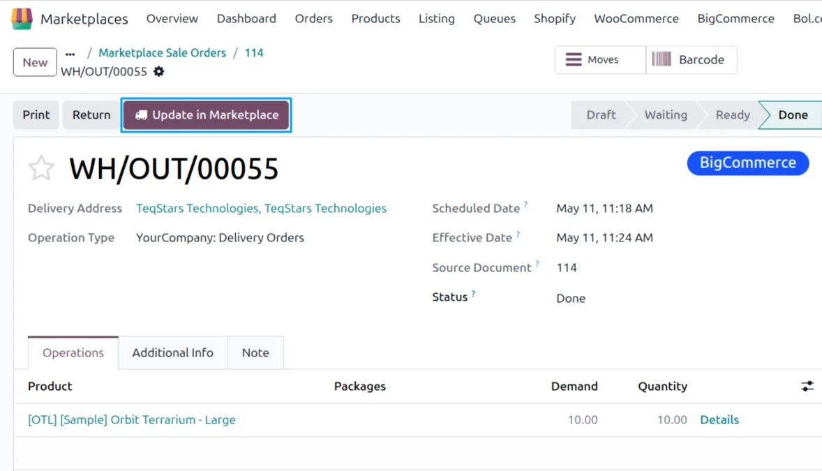 Update in Marketplace button on an Odoo delivery order pushing tracking to BigCommerce