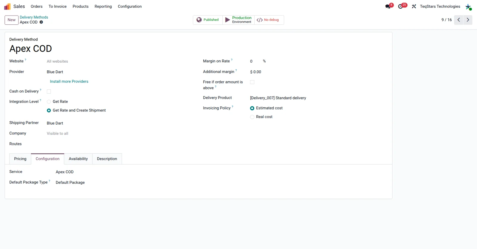 Blue Dart delivery method configuration form in Odoo with provider and account details