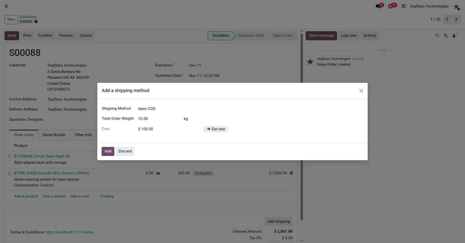 Odoo sale order with a Blue Dart delivery method selected as the shipping option