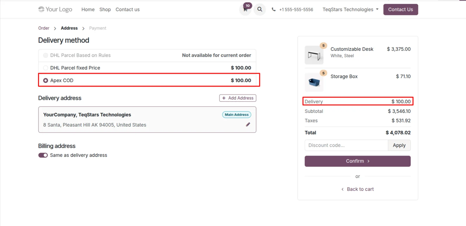 Blue Dart shipping option on an Odoo website order during checkout