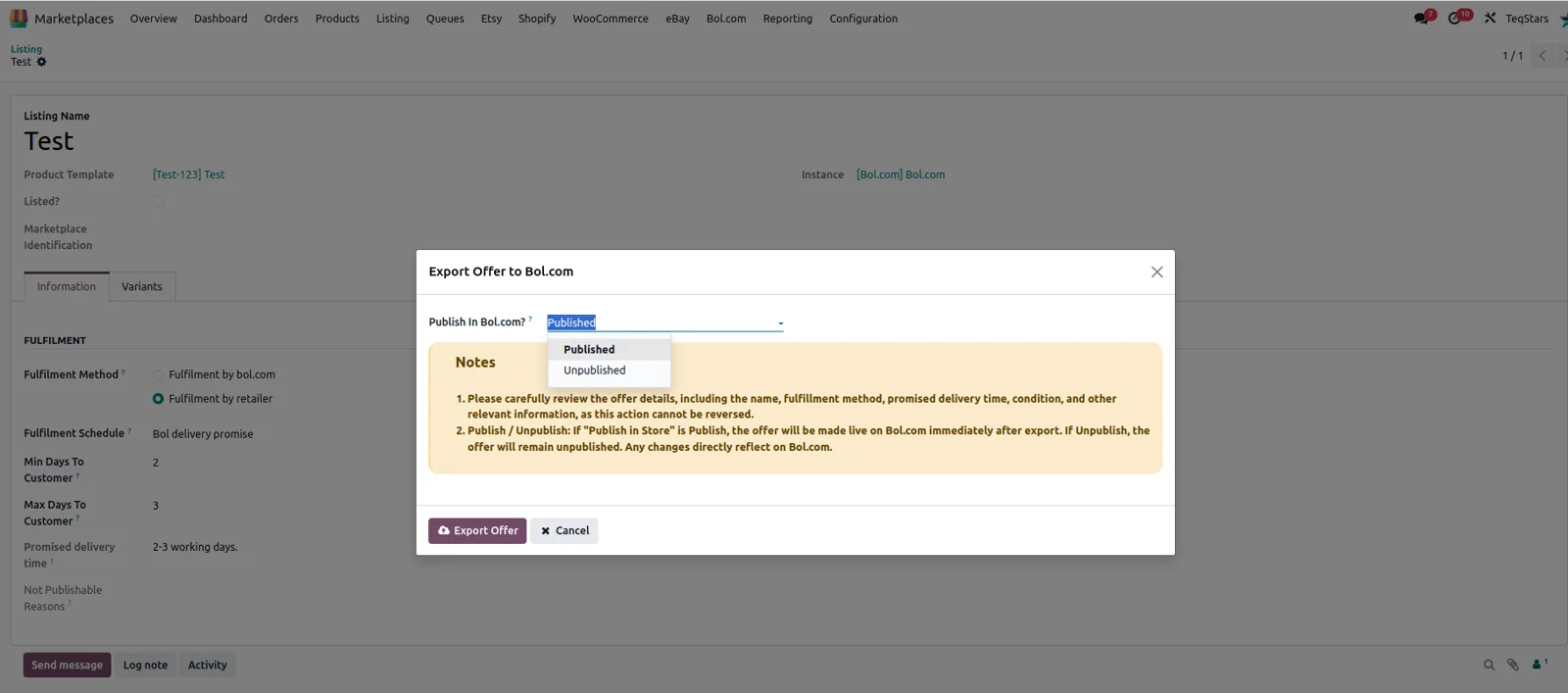 Exporting a new offer from Odoo to Bol.com, with offer fields prepared in the Bol.com Connector.