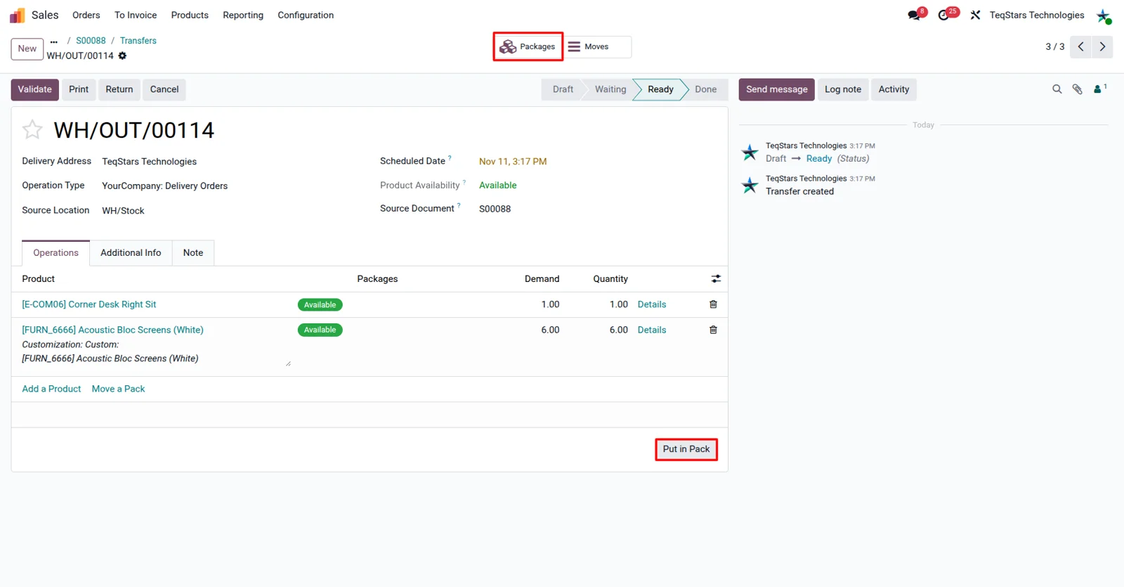 Odoo delivery order split into multiple packages with Put in Pack before the Blue Dart booking