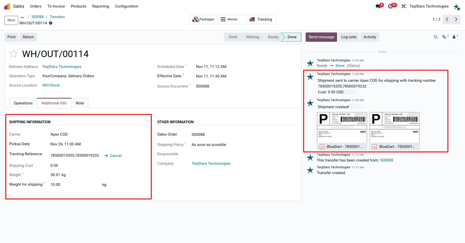 Blue Dart tracking number and shipping label shown on a validated Odoo delivery order