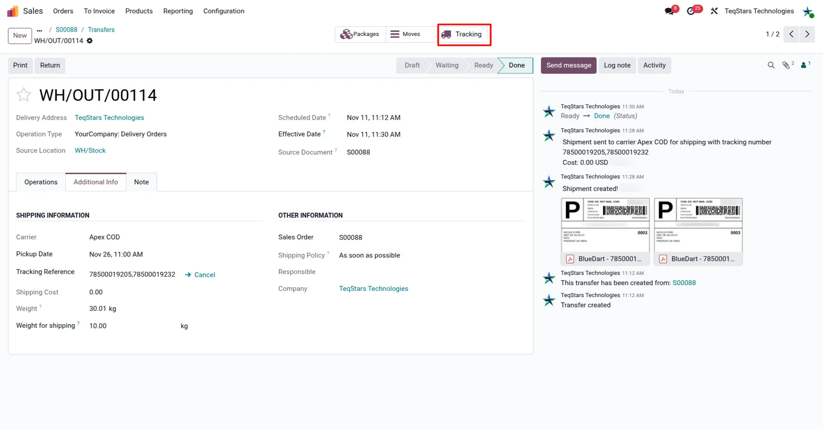 Blue Dart shipment tracking status and location displayed inside Odoo