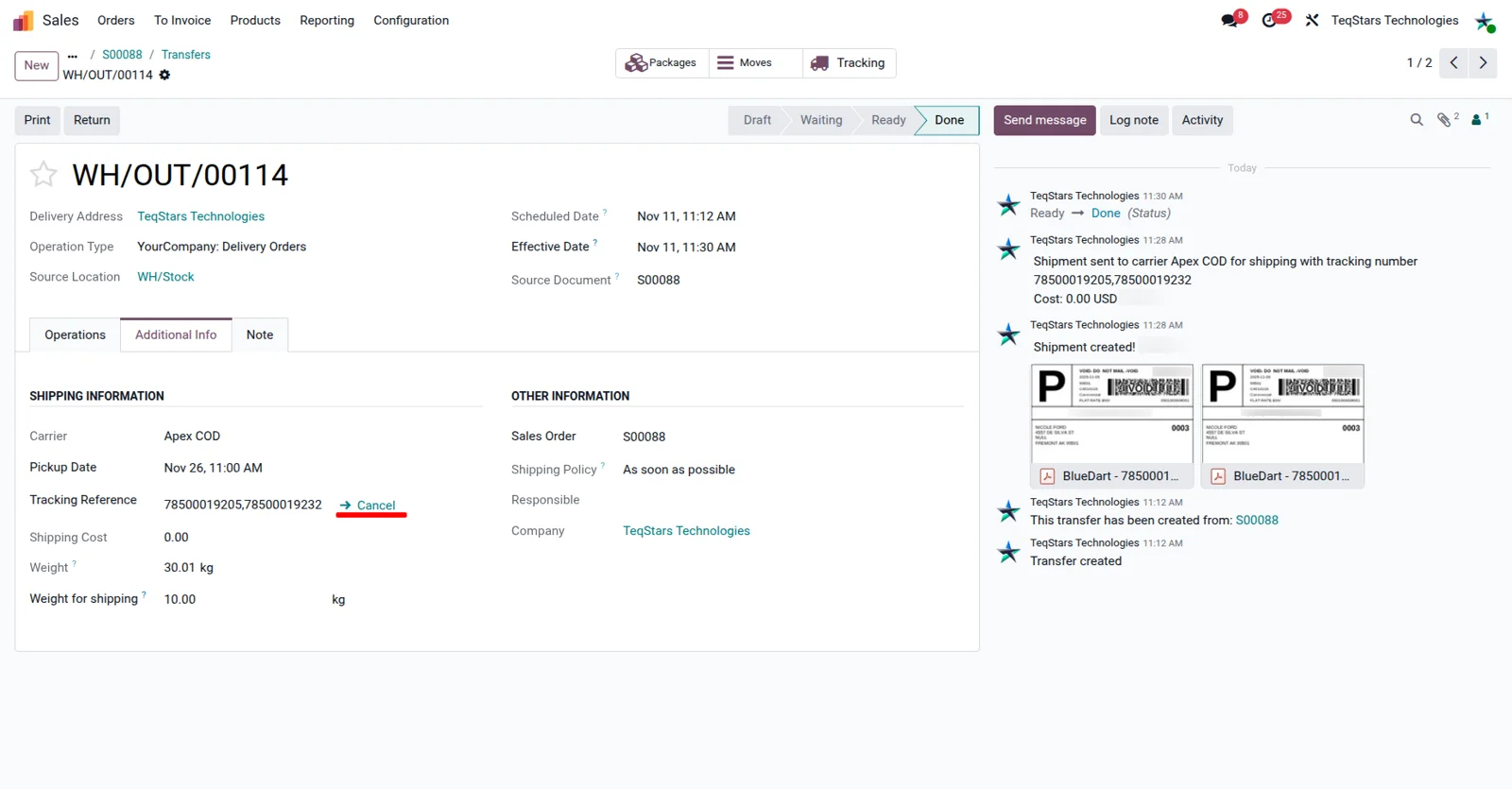 Cancel shipment button on an Odoo delivery order for a booked Blue Dart consignment