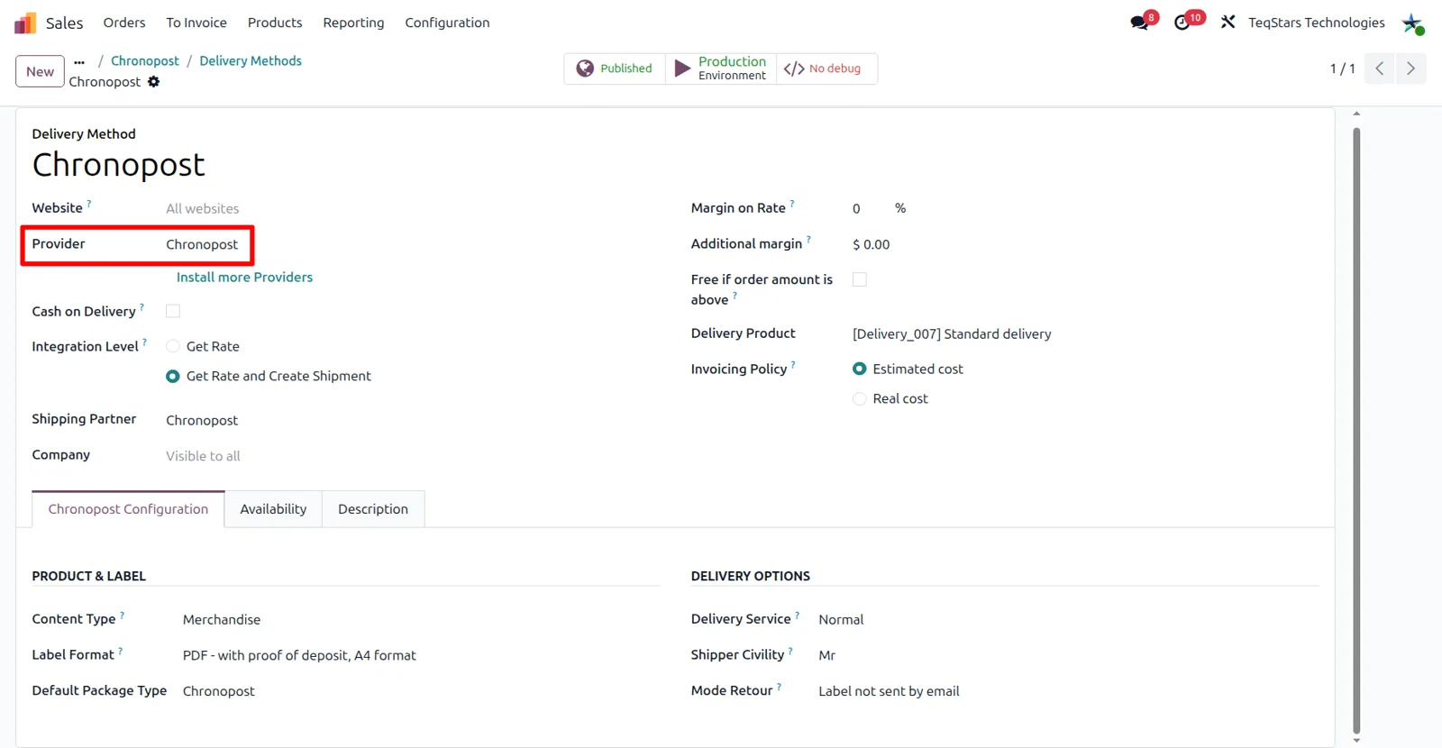 Odoo delivery method form for Chronopost with the Chronopost Configuration tab fields filled in