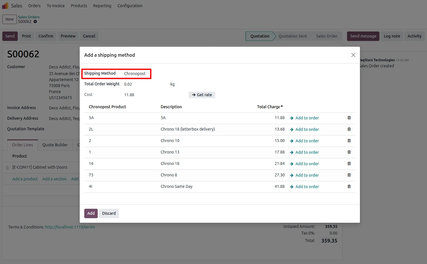 Chronopost rate results on an Odoo sales order, each eligible product listed with its charge