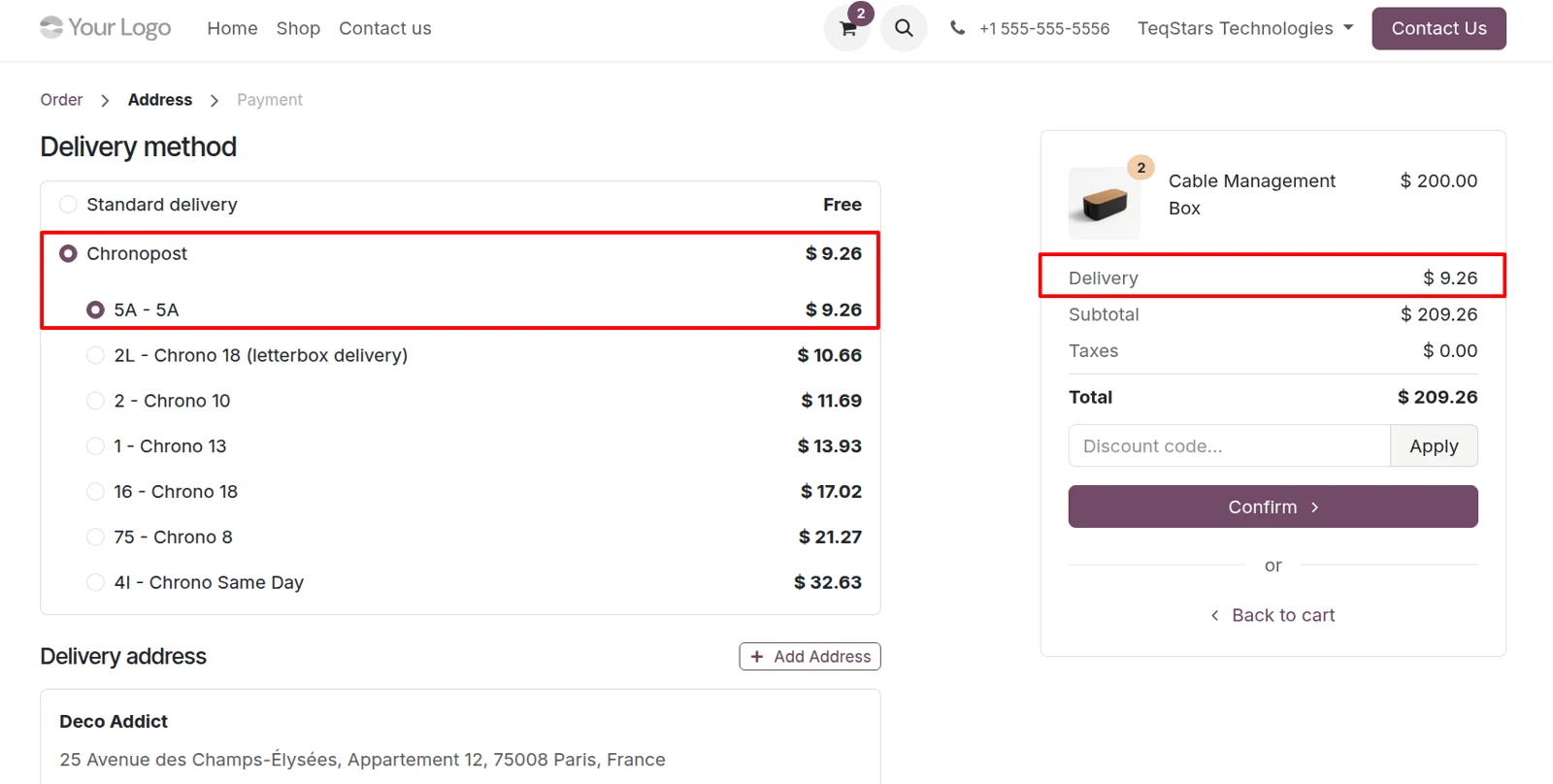 Odoo eCommerce checkout offering Chronopost delivery options with live prices per product