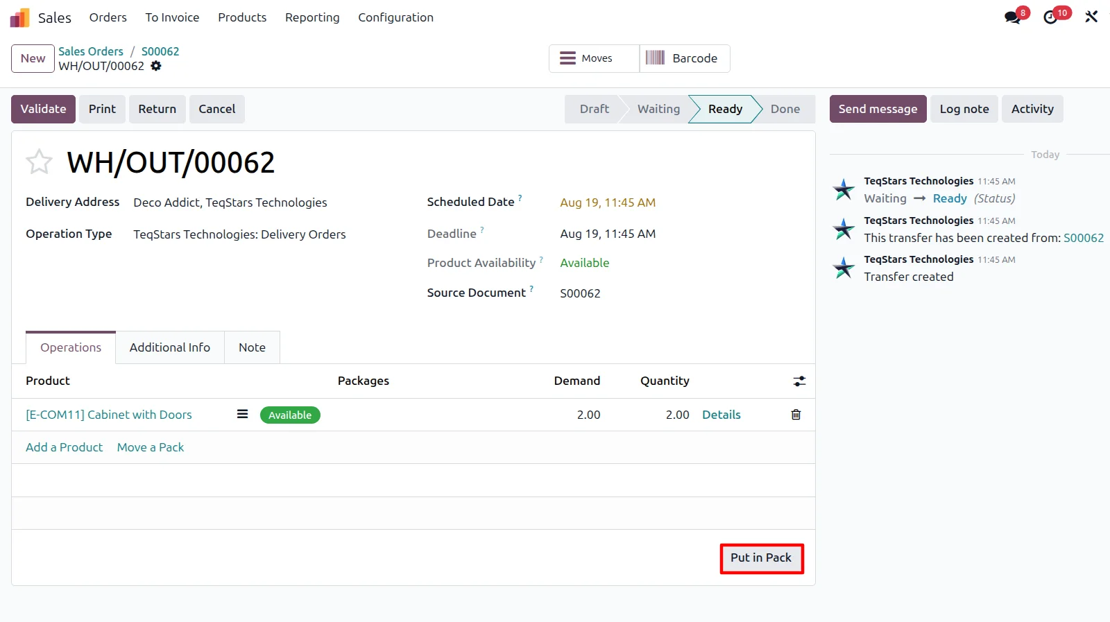 Put in Pack on an Odoo delivery order, splitting a Chronopost shipment into separate parcels