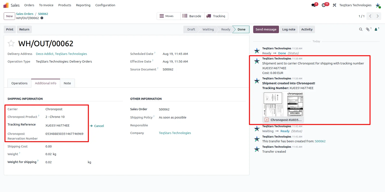 Odoo delivery order showing the Chronopost tracking reference and the attached shipping label