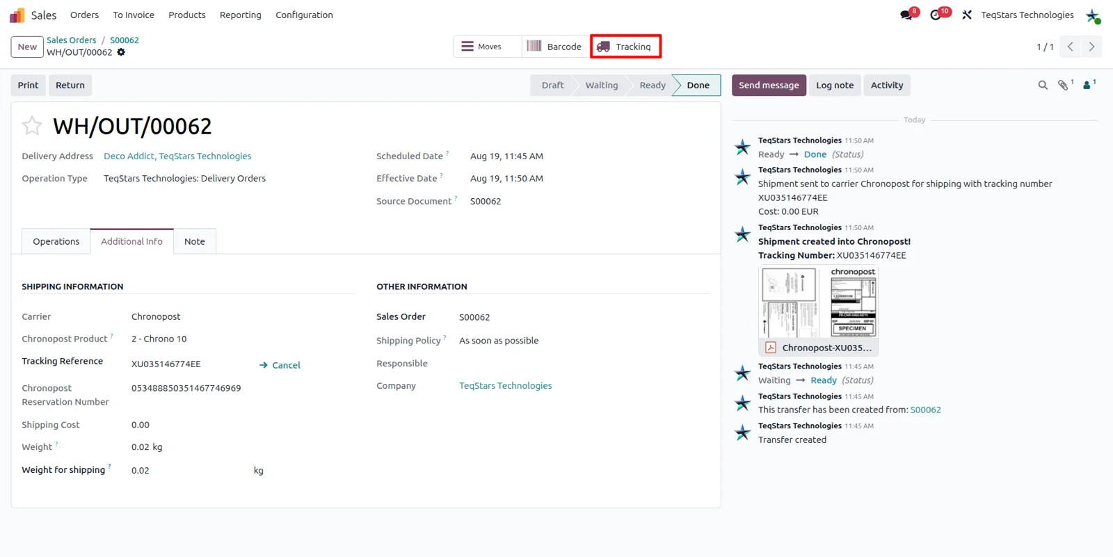 Chronopost tracking page opened from the Tracking button on an Odoo delivery order