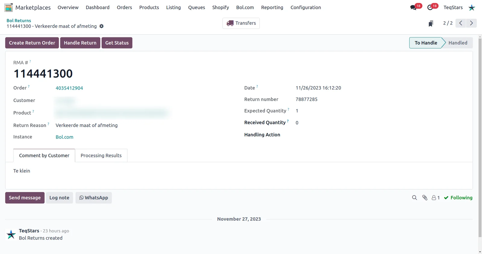 A Bol.com return imported into Odoo, showing reason, expected quantity and the handling actions.